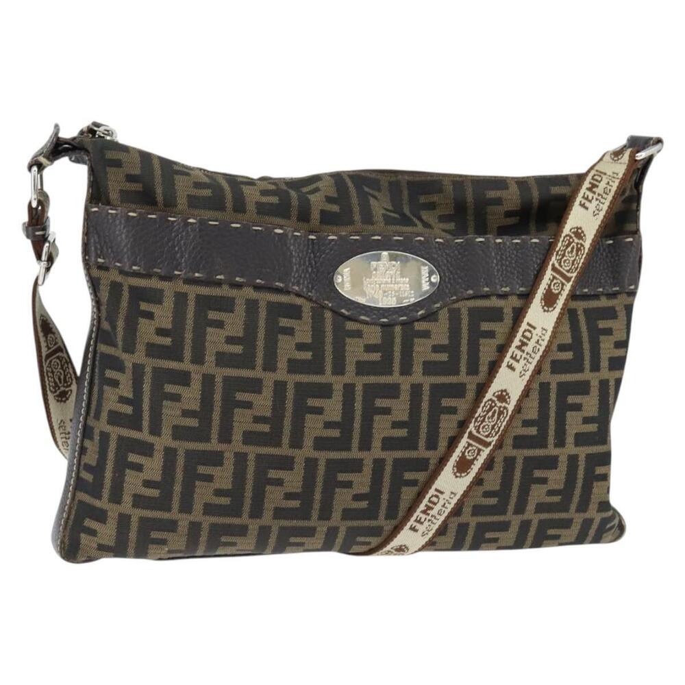 FENDI Zucca Canvas Celeria Shoulder Bag Black Brown Auth 150078